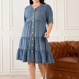 Orchid Blues Women Tiered V-Neck Denim A-Line Midi Dress-image-23