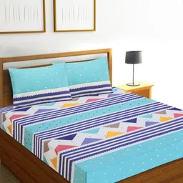 Aura Blue & White Geometric 144 TC 2 Queen Bedsheet with 4 Pillow Covers image 4