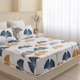 HOMEMONDE Mustard & Grey Floral 210 TC Single Bedsheet with 1 Pillow Covers image 4