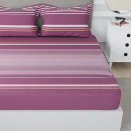 Nautica Pink & Off White Striped 210 TC King Bedsheet with 2 Pillow Covers image 2
