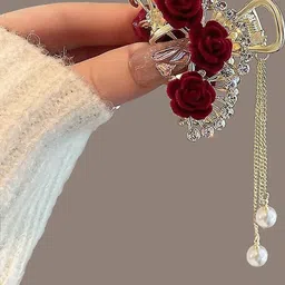 Balasundri Women Golden & Red Rose Embellished Nonslip Metal Hair Clutcher image 3