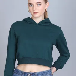 Obaan Women Solid Hooded Full Sleeves Pullover Crop Sweatshirts-image-13