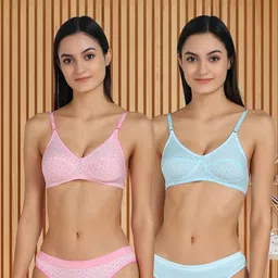samvar Women Pink,Blue Cotton Bra Panty Set for Lingerie Set Undergarments Pack of 2-picture-37