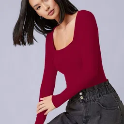 Maheshvi Sakira Women Ribbed Square Neck Long Sleeves Fitted Top image 5