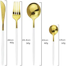 iktu 24 Piece Steel Cutlery Set 6 Fork 6 Knife 6 Spoon 6 Soup Spoon WhiteGold Stainless Steel Cutlery Set image 2