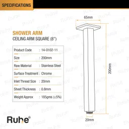 ruhe Premium Grade Stainless Steel 8 Inches Ceiling Square Shower Arm (Chrome Finish) Fixed Mount image 2