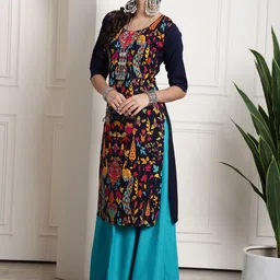 7threads KALINI Women Multicoloured Floral Printed Thread Work Crepe Kurta image 4