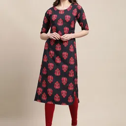 7Threads WomenPack of 6 Cream-Coloured & Red Ethnic Motifs Printed Crepe Kurta image 3