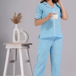 ameerah Women Shirt & Pyjama set Blue Checkered image 3