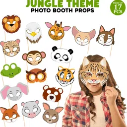 zyozi 17 Pcs Jungle Birthday Masks Photo Booth Props for Kids Jungle Paper Masks Props Photo Booth Board image 2