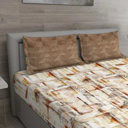 GM Brown & Cream-Coloured 144 TC Cotton 1 Super Queen Bedsheet with 2 Pillow Covers image 5