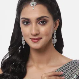 ZENEME Rhodium-Plated AD Studded Maang Tika and Earrings image 4