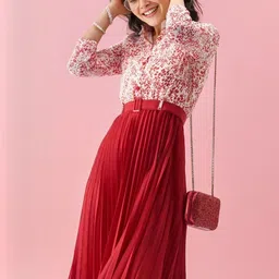 DressBerry Women Floral Printed Shirt Collar Gathered or Pleated Fit & Flare Midi Dress image 2