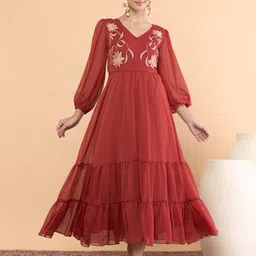 Antheaa Women Floral Embroidered Bishop Sleeve Chiffon Midi Dress-image-82