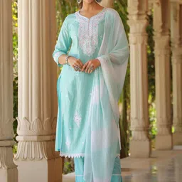 AARAAS Women Ethnic Motifs Embroidered Cotton Kurta with Trousers & Dupatta image 4