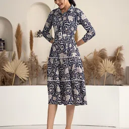 AASK Floral Printed Puff Sleeve Tiered Fit & Flare Dress with Belt image 4