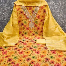 BlissFlair Floral Embroidered Sequinned Chanderi Silk Unstitched Dress Material image 3