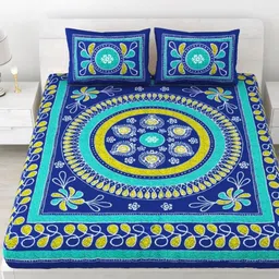 Aura Blue & White Floral 144 TC Queen Bedsheet with 2 Pillow Covers-picture-30