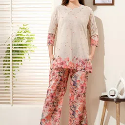 NIGHT FLOSS Women Floral Printed Linen Kurti with Palazzo-image-5
