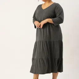 theRebelinme Women Plus Size V-Neck Tiered Pure Cotton A-Line Midi Dress image 2