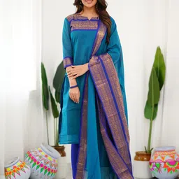 Shriyangan Women Ethnic Motifs Woven Design V-Neck Zari Kurta with Dupatta-image-33