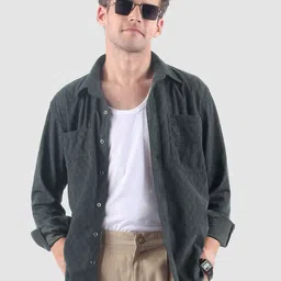 Beyoung Men Grey Lazer Cut Stripe Textured Corduroy Shirt-picture-39