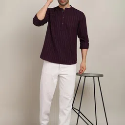 HERE&NOW Striped Mandarin Collar Pure Cotton Straight Kurta image 3