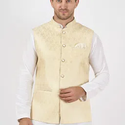 Badoliya & Sons Woven Design Mandarin Collar Nehru Jacket With Pocket Square-picture-18