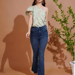 Boholyfe Floral Print One Shoulder Flutter Sleeve Crepe Peplum Longline Top image 5