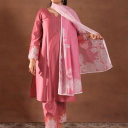 Libas Floral Embroidered Beads Work Straight Kurta With Trousers & Dupatta-picture-1