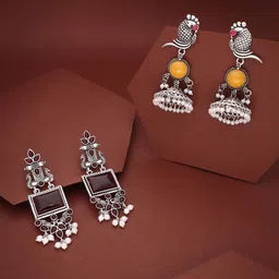 Sangria Set Of 2 Silver-Plated Artificial Stones Studded and Beads Beaded Drop Earrings-picture-52