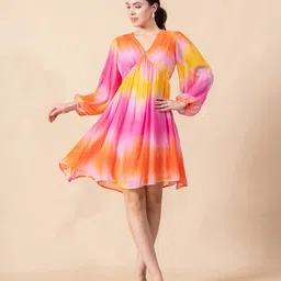 MASAMI Tie and Dye Dyed Bishop Sleeve Chiffon Fit & Flare Dress-picture-37
