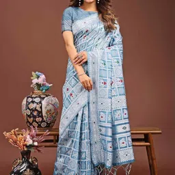 HERE&NOW Ethnic Motifs Zari Linen Blend Handloom Saree-picture-29