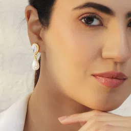 Rubans 18K Gold-Plated Cubic Zirconia Studded & Pearls Beaded Teardrop Drop Earrings image 4