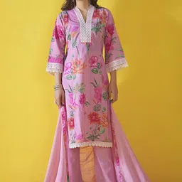 Anouk Pink Floral Printed V-Neck Thread Work Pure Cotton Kurta With Trouser With Dupatta-picture-18