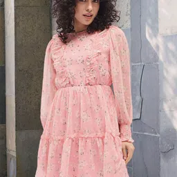 DressBerry Floral Print Puff Sleeve Chiffon Fit & Flare Mini Dress-image-91