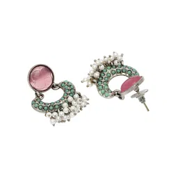 KARATCART Silver-Plated Carved Stone Oxidised Stone-Studded & Beaded Jewellery Set image 4