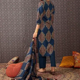 Indo Era Women Ajrakh Printed Straight Kurta Trousers With Dupatta Set image 4