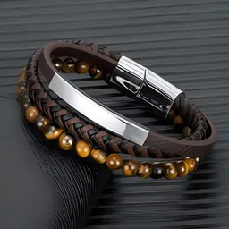 Jewels Galaxy Men Silver-Plated Artificial Beaded Leather Bracelet image 2