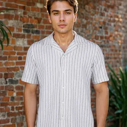 Celio Men Classic Regular Fit Vertical Striped Cuban Collar Cotton Casual Shirt-picture-41