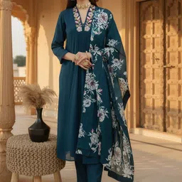 FIDHARA Yoke Design Pleated Thread Work Pure Silk Straight Kurta With Trousers & Dupatta-picture-37