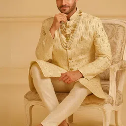 SHAHI ACHKAN Men Self Design Cotton Ethnic Blazers image 3