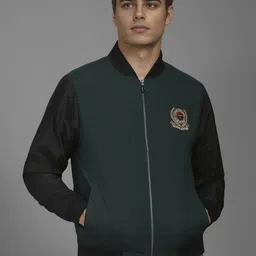 Louis Philippe Sport Colourblocked Embroidered Stand Collar Open Front Jacket-image-8