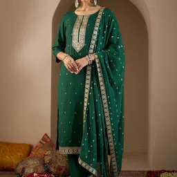 Indo Era Ethnic Motifs Embroidered Straight Thread Work Kurta With Trousers & Dupatta-image-70