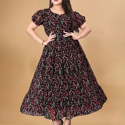 KRISHTI CREATION Floral Print Puff Sleeve Georgette Fit & Flare Maxi Dress image 4