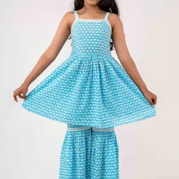 TUNIYA Girls Floral Printed Cotton Blend Shoulder Straps Anarkali Kurta With Sharara-picture-43