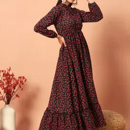 ZWERLON Floral Print Tie-Up Neck A-Line Maxi Dress image 2