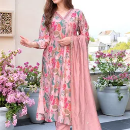 Moda Rapido Floral Printed Beads And Stones V-Neck Kurta With Trousers & Dupatta image 4