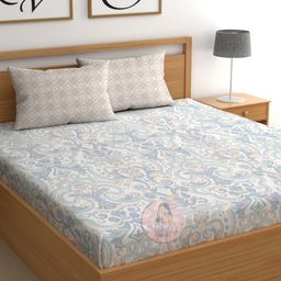 CHHAVI INDIA White & Blue Ethnic Motifs 210 TC King Bedsheet with 2 Pillow Covers-picture-22