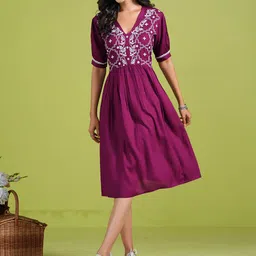 Sangria Ethnic Motifs Embroidered Fit & Flare Knee Length Dresses-picture-14